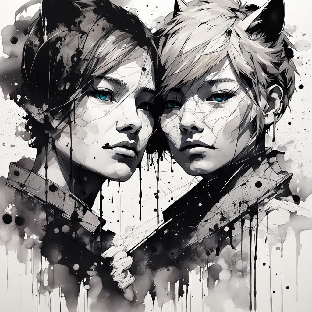 Detailed Ink Art: Cat Couple in Double Exposure