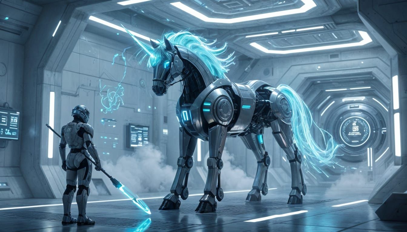 Futuristic Horse Mecha Robot with Soldier in High-Tech Chamb...