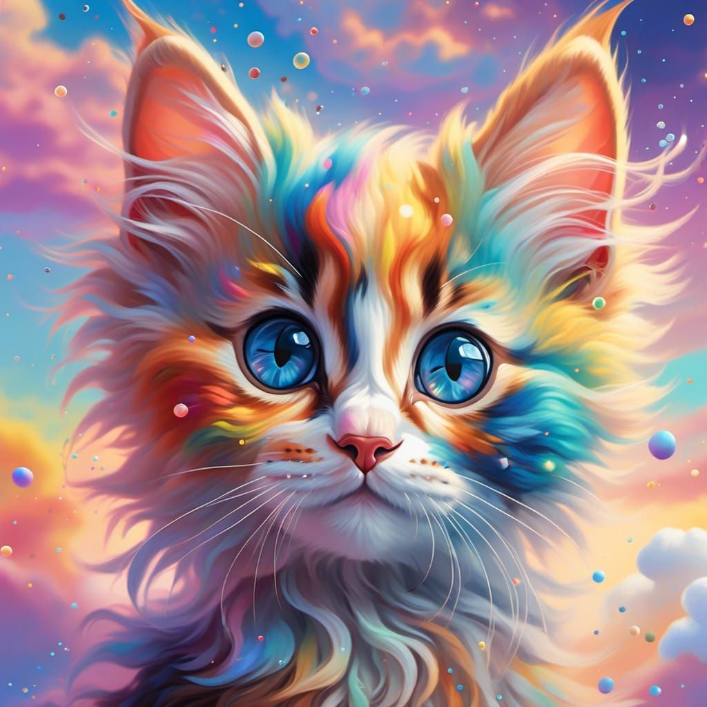 Calico Kitten in a Rainbow Galaxy Sky