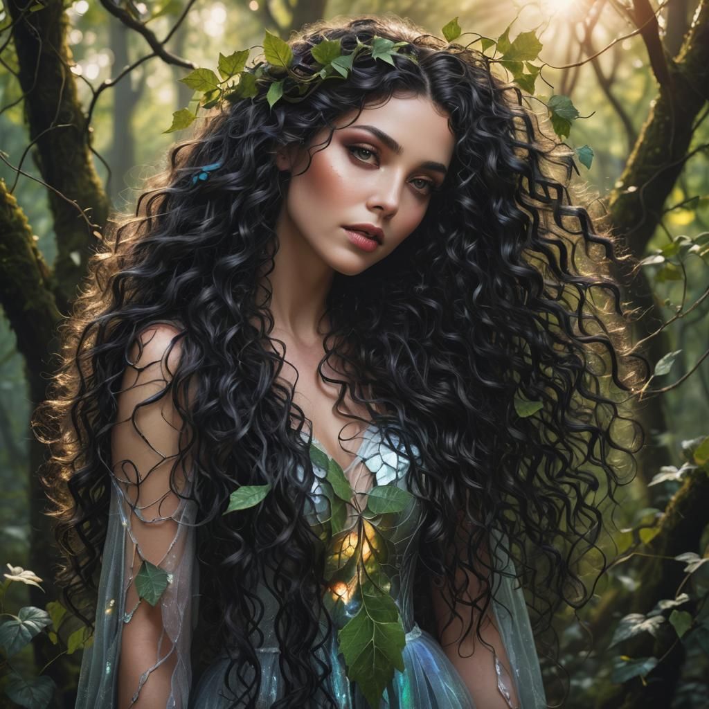 Woman with Iridescent Skin in Magical Forest