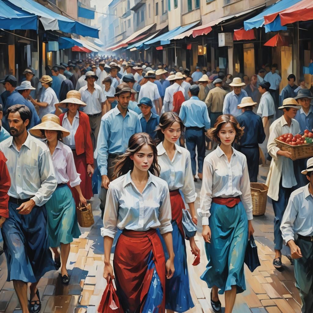 Crowded Wet Market: Impressionist Oil Painting