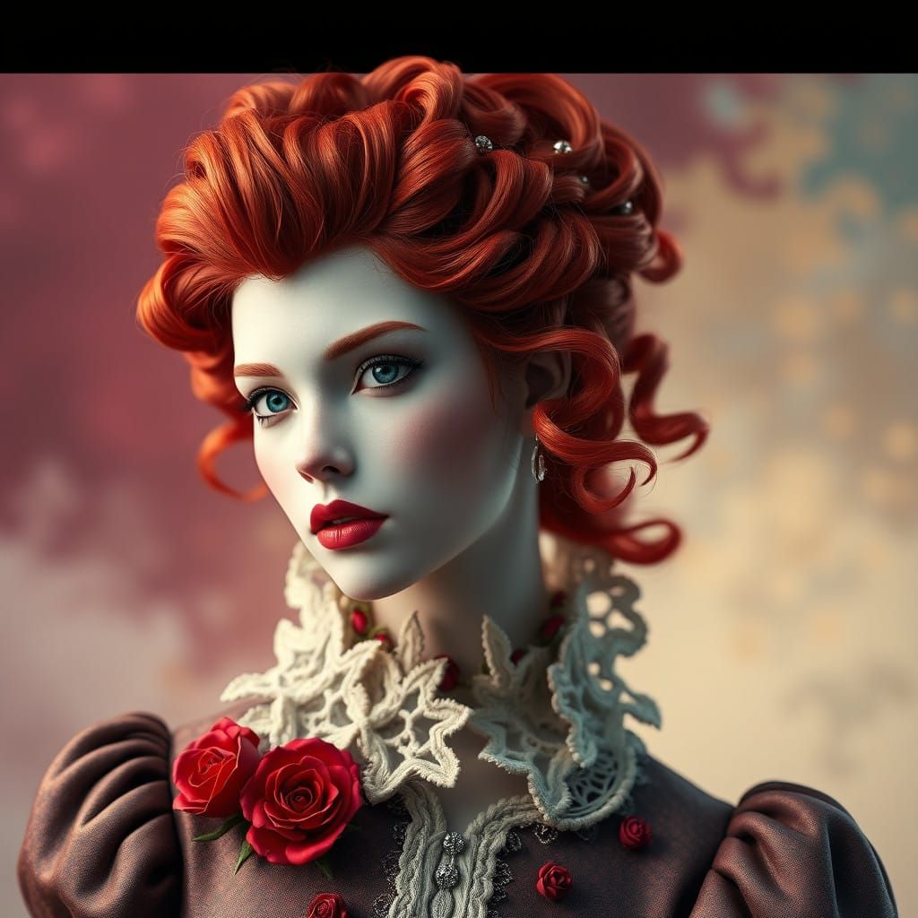 Elegant Lady in Baroque-Inspired Attire with Vibrant Red Hai...