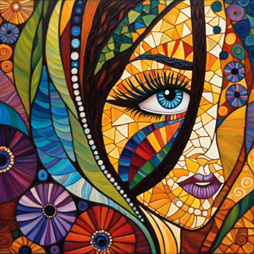 Zentangle , eyes shining like diamonds, Gustav Klimt, morning glory, sunset abstract art complementary colors fine detai...