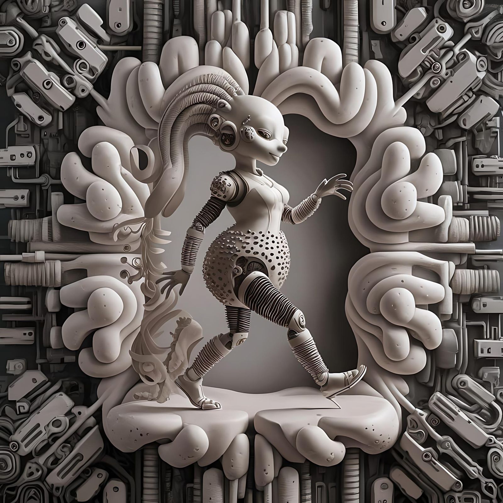 Surreal Flexisculptor Walking in a Brainy Landscape