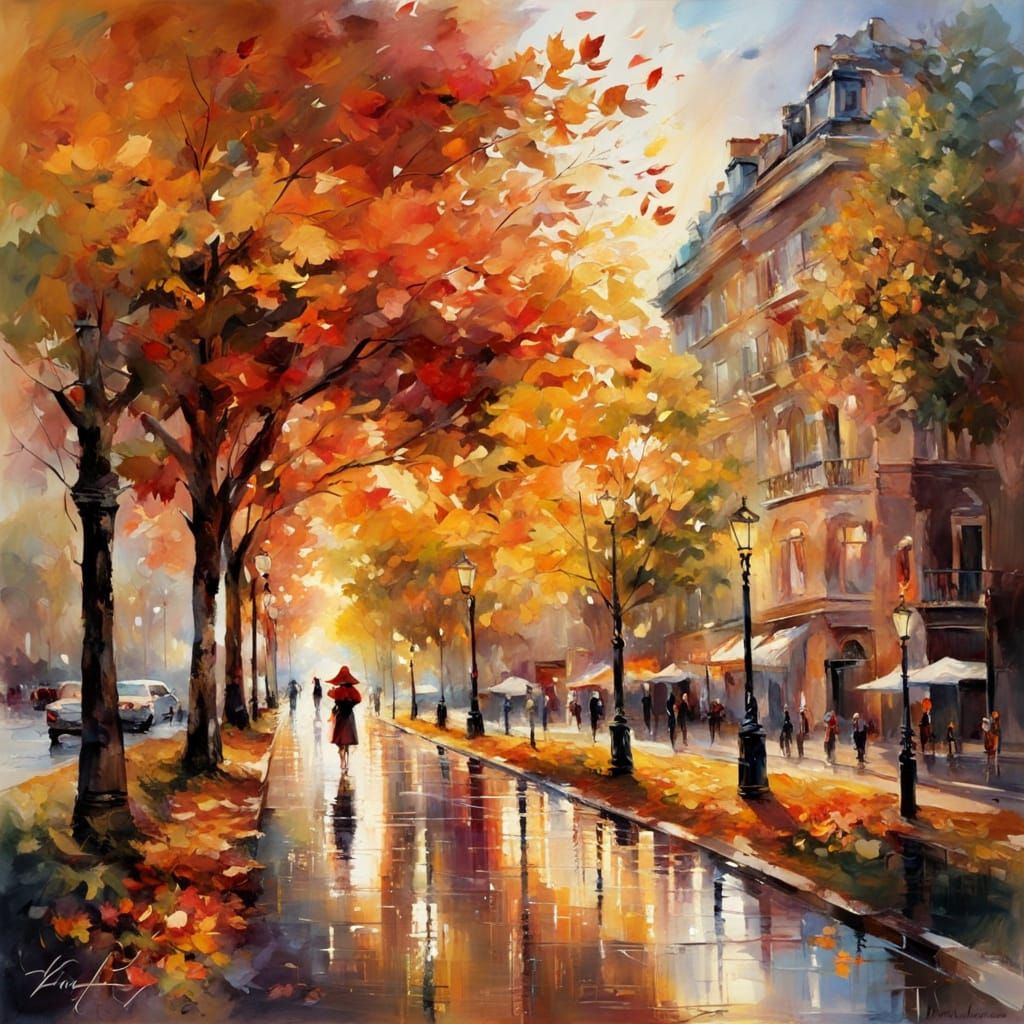 Vibrant Autumn Boulevard Sunset in Watercolour and Oil