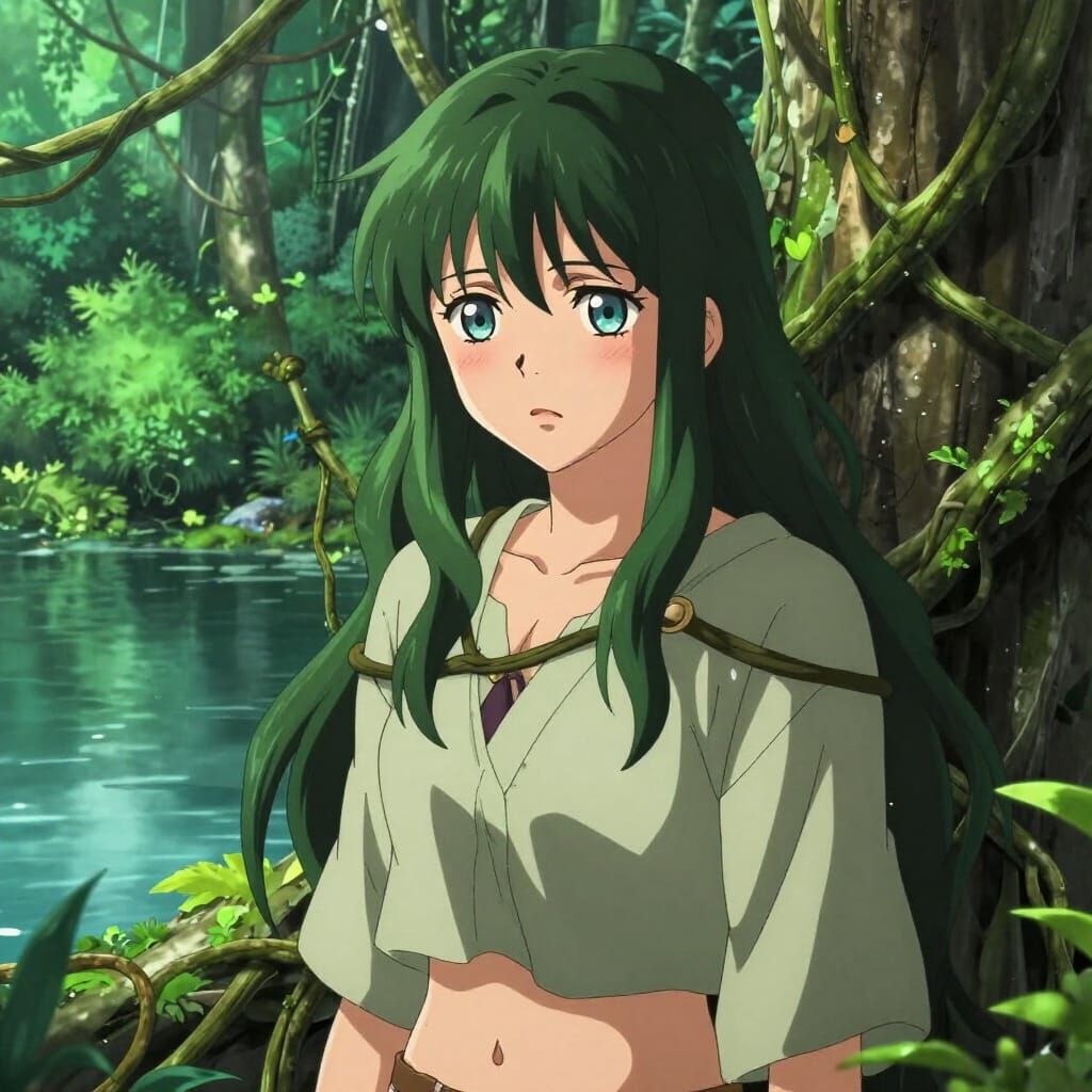 Anime Girl Ashamed in Jungle by Vines