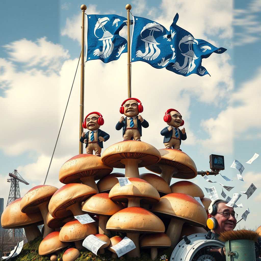 Whimsical Mushroom Flag Display with Chewing Gum Bureaucrats