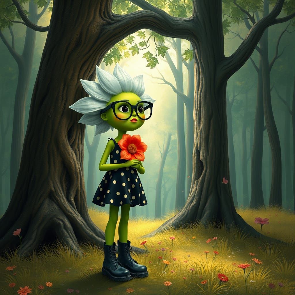 Surreal Flower Woman in Forest, Wearing Polka Dots and Comba...