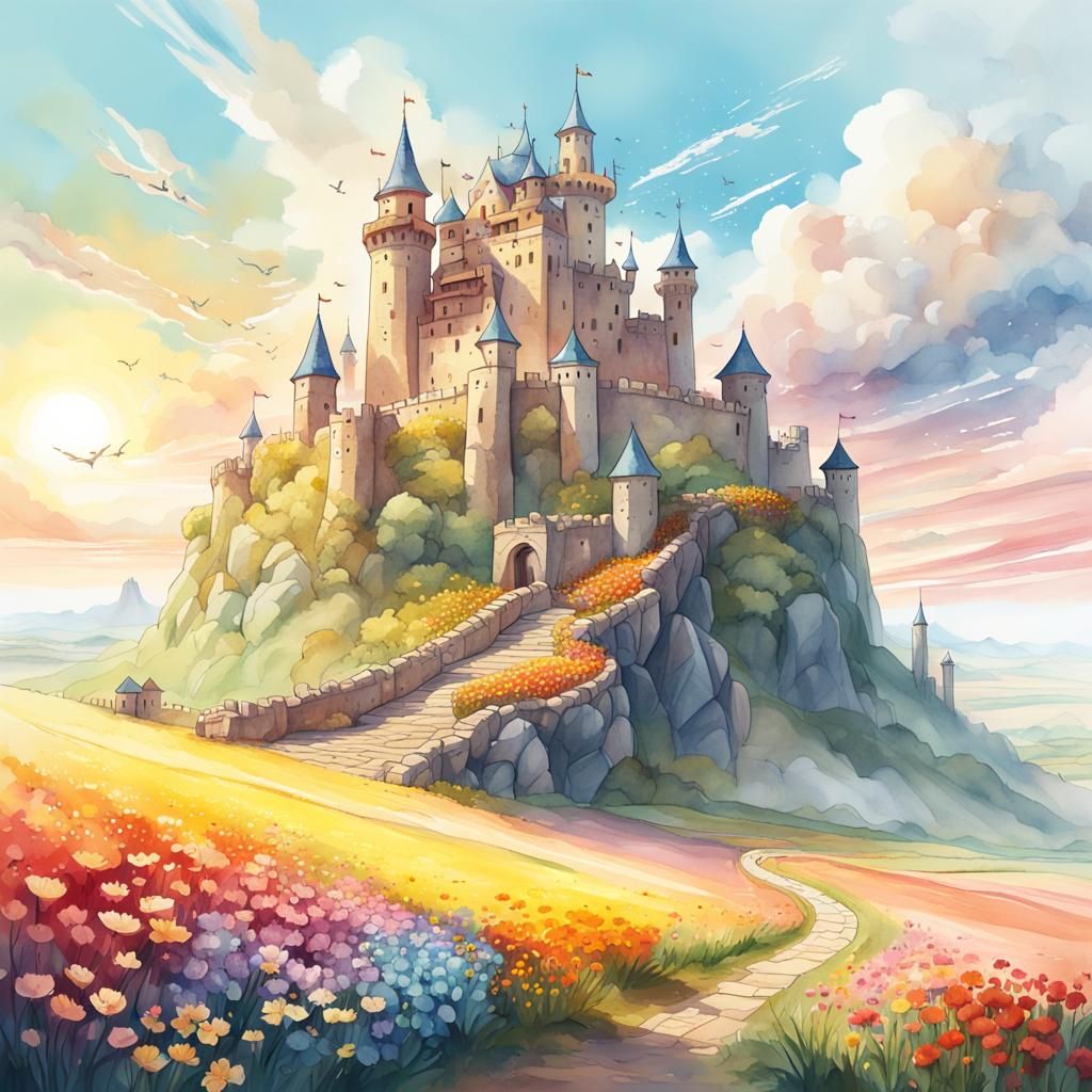 Fantasy City Surrounded by Flowers: Watercolor Landscape