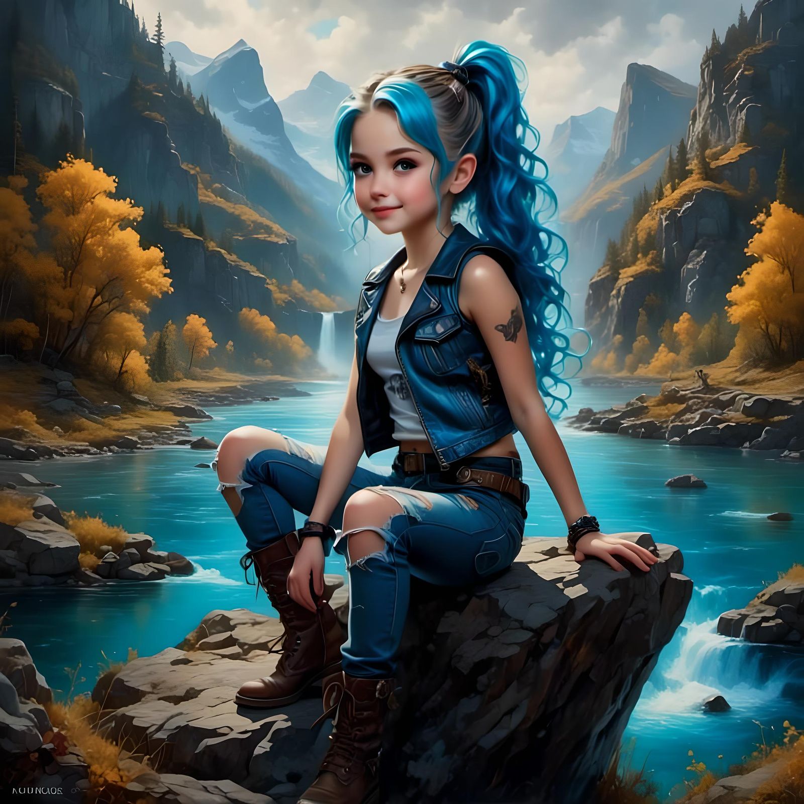 Steampunk Chibi Girl Watching River: Digital Art