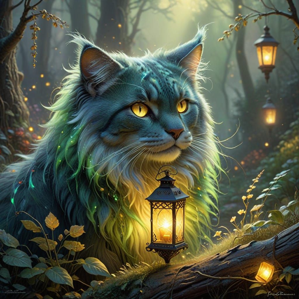 Idyllic Enchanted Creature with Vibrant Green Fur and Lumino...