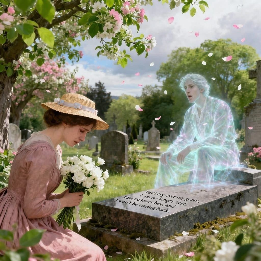 Grieving Woman at Antonio's Grave with Floating Petals