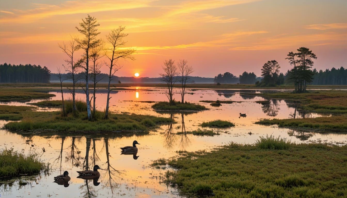 Serene Marshland at Sunset with Mallard Ducks