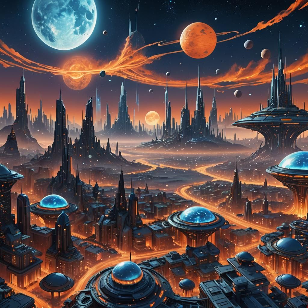 Futuristic Alien City Floating Under Starry Sky