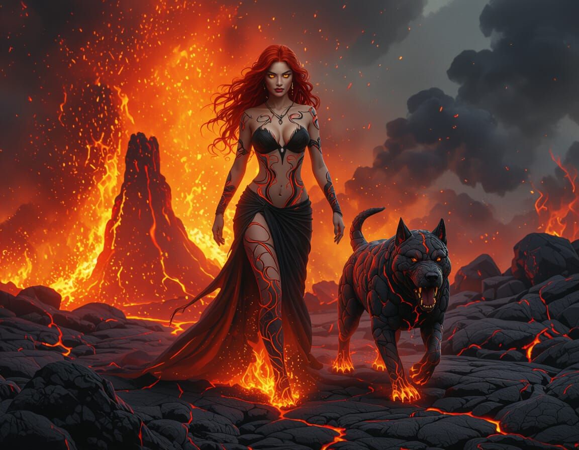 Voluptuous Fire Maiden Emerges from Volcanic Eruption
