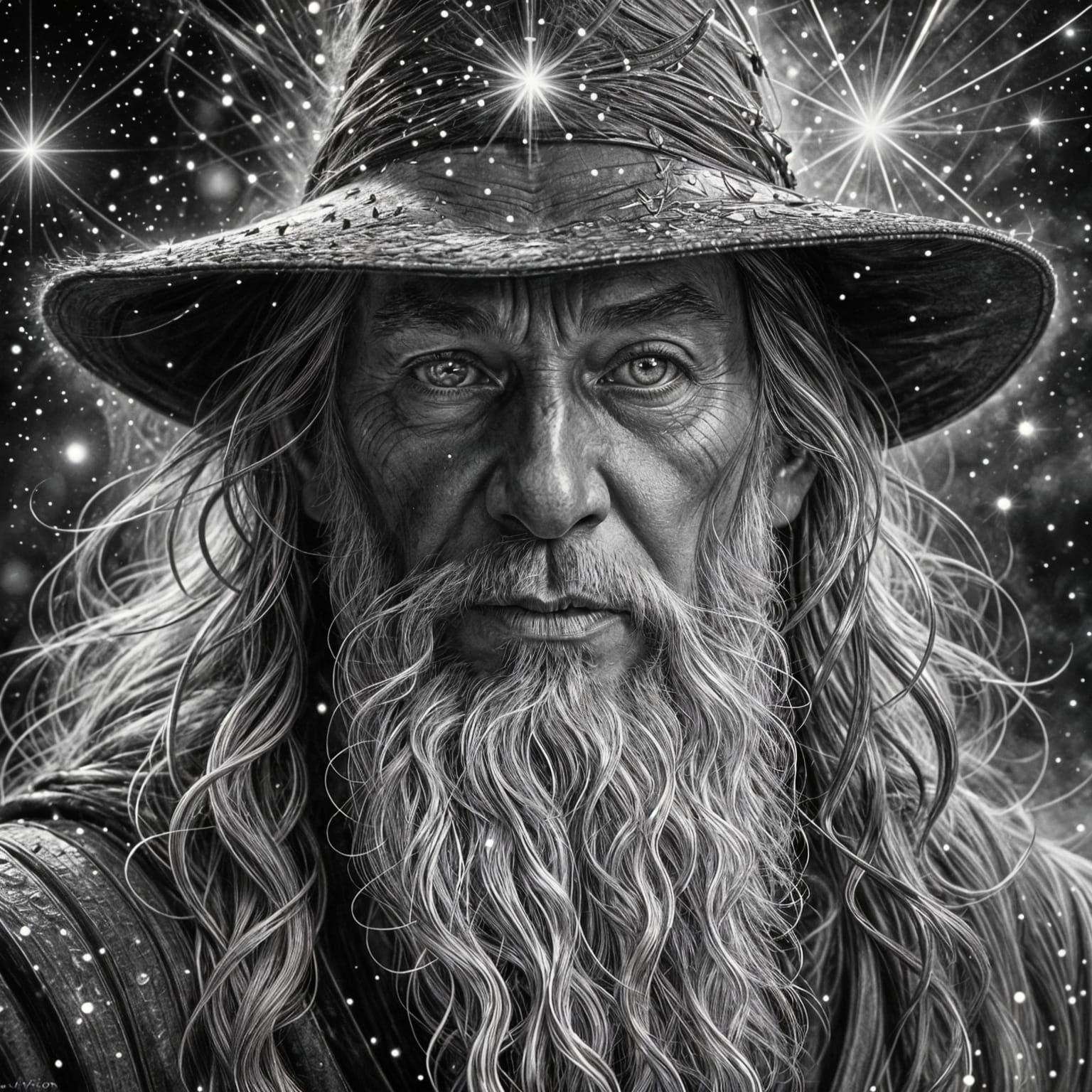 Glowing Gandalf in Starry Night Sky