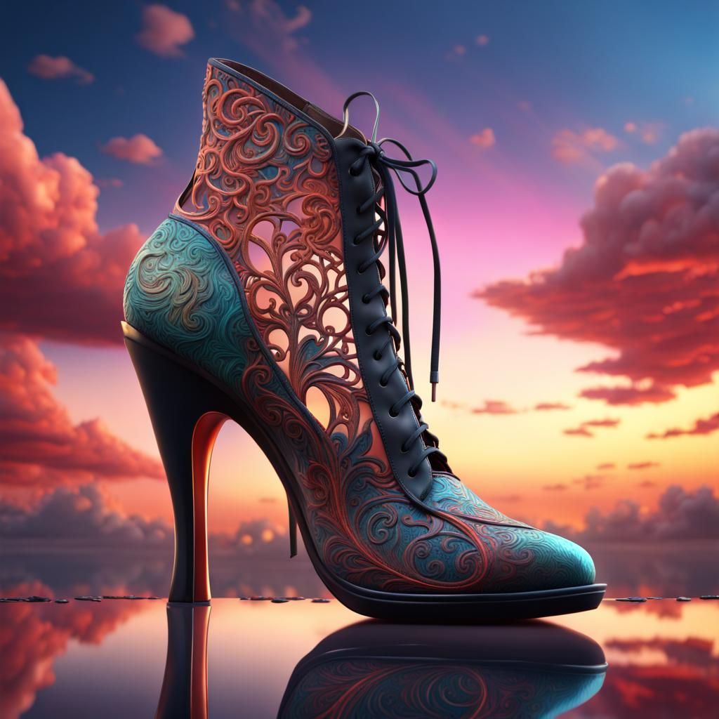 Artful High Heel Shoe with Colorful Sky Backdrop