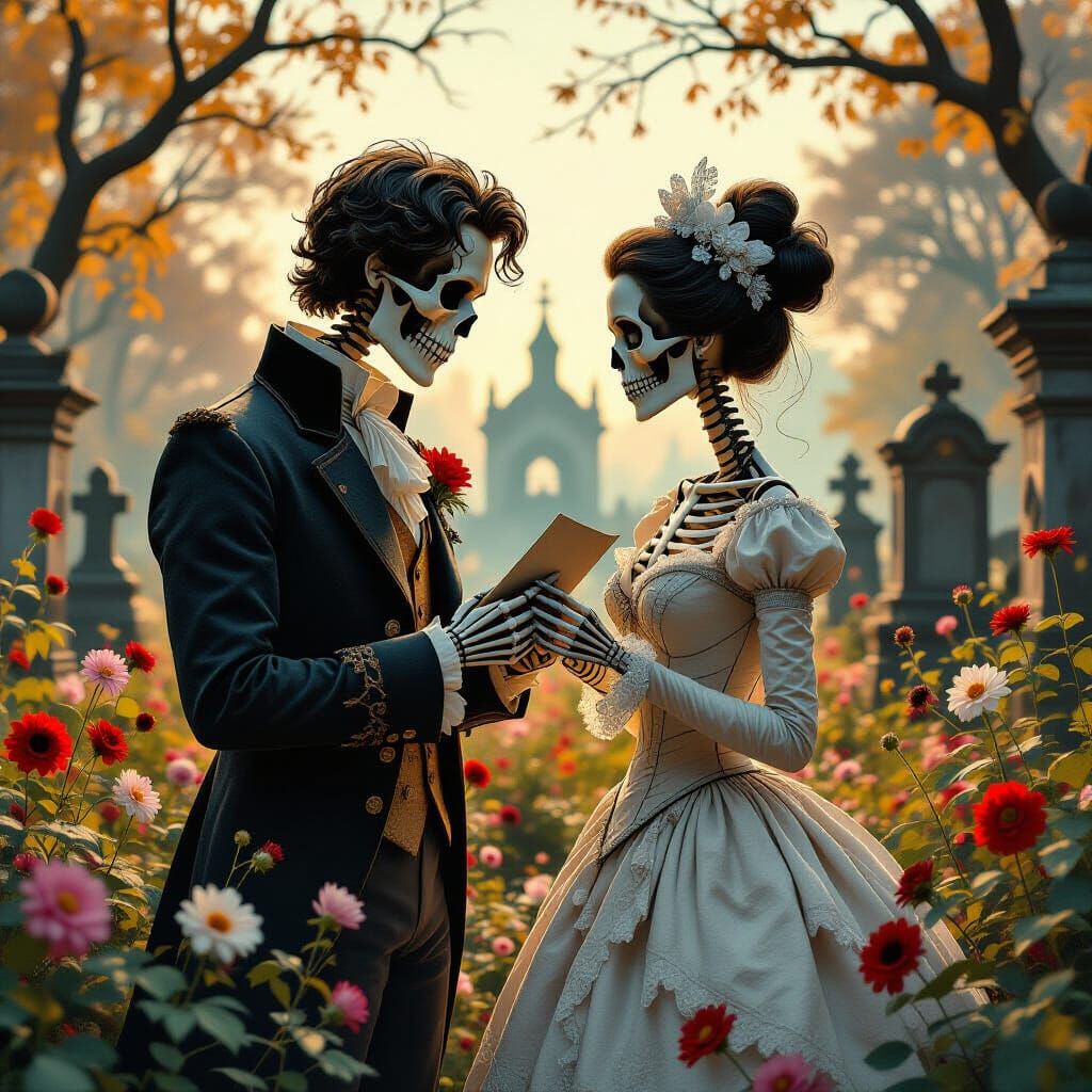 Skeletal Couple's Eerie Love in Halloween Churchyard