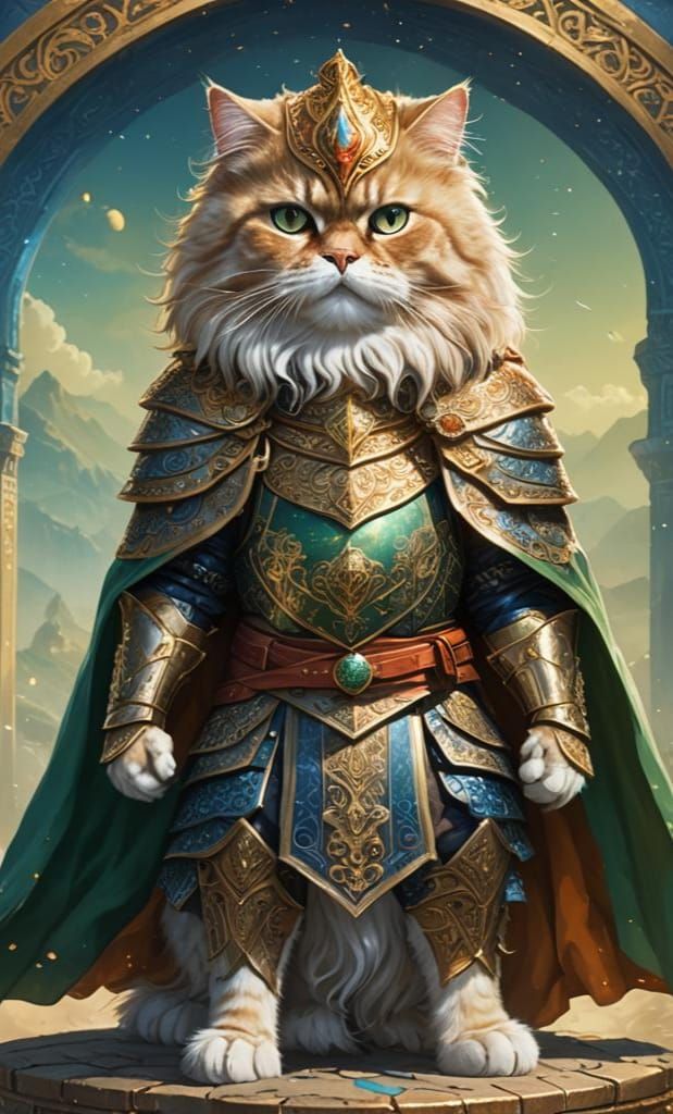 Persian Cat Warrior in Armor: Cartoon Concept Art