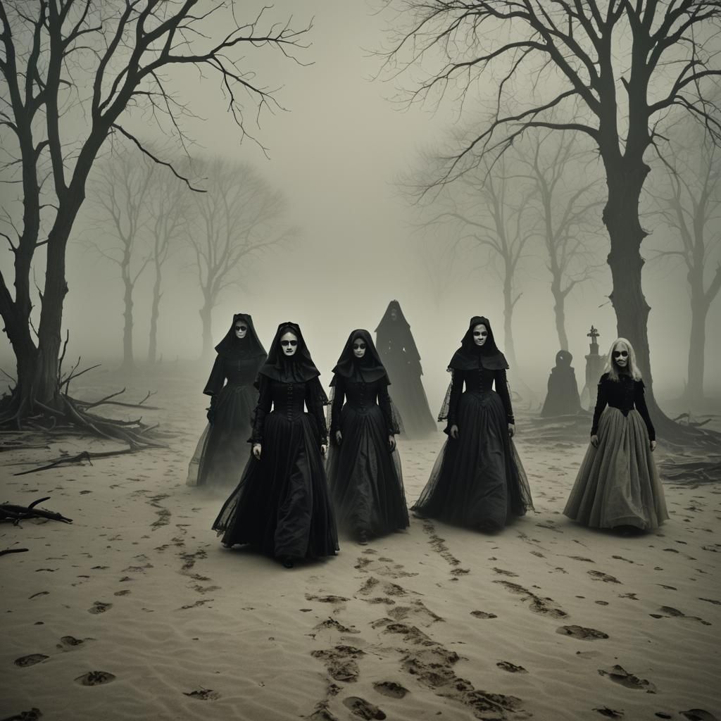 Gothic Ghouls in Misty Landscape, Cinematic Still