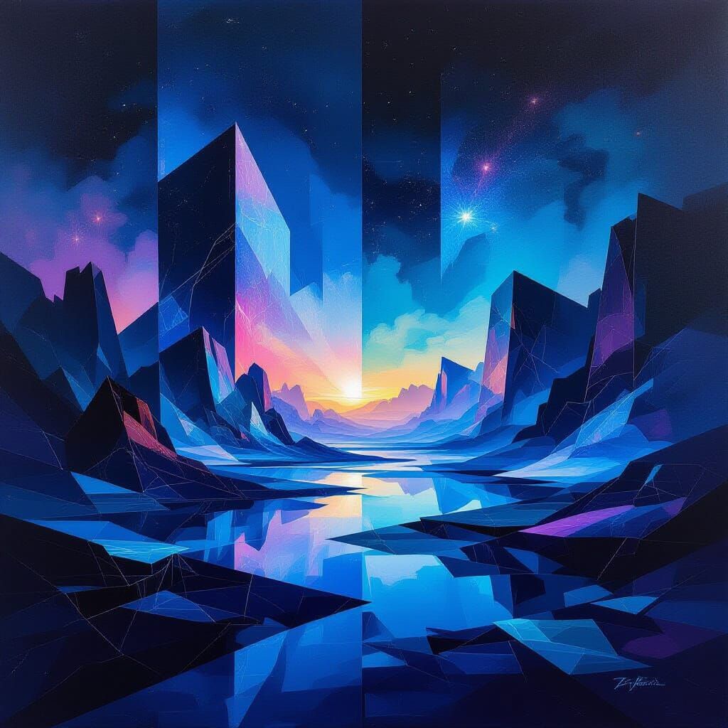 Surrealist Painting of Ethereal Dimensions and Geometric Sha...