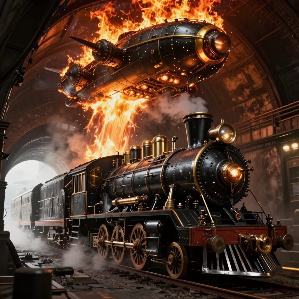 Steampunk Train Battles Fiery Airship in Epic Concept Art