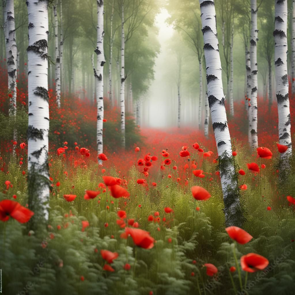 Red Poppies in a Misty Birch Forest