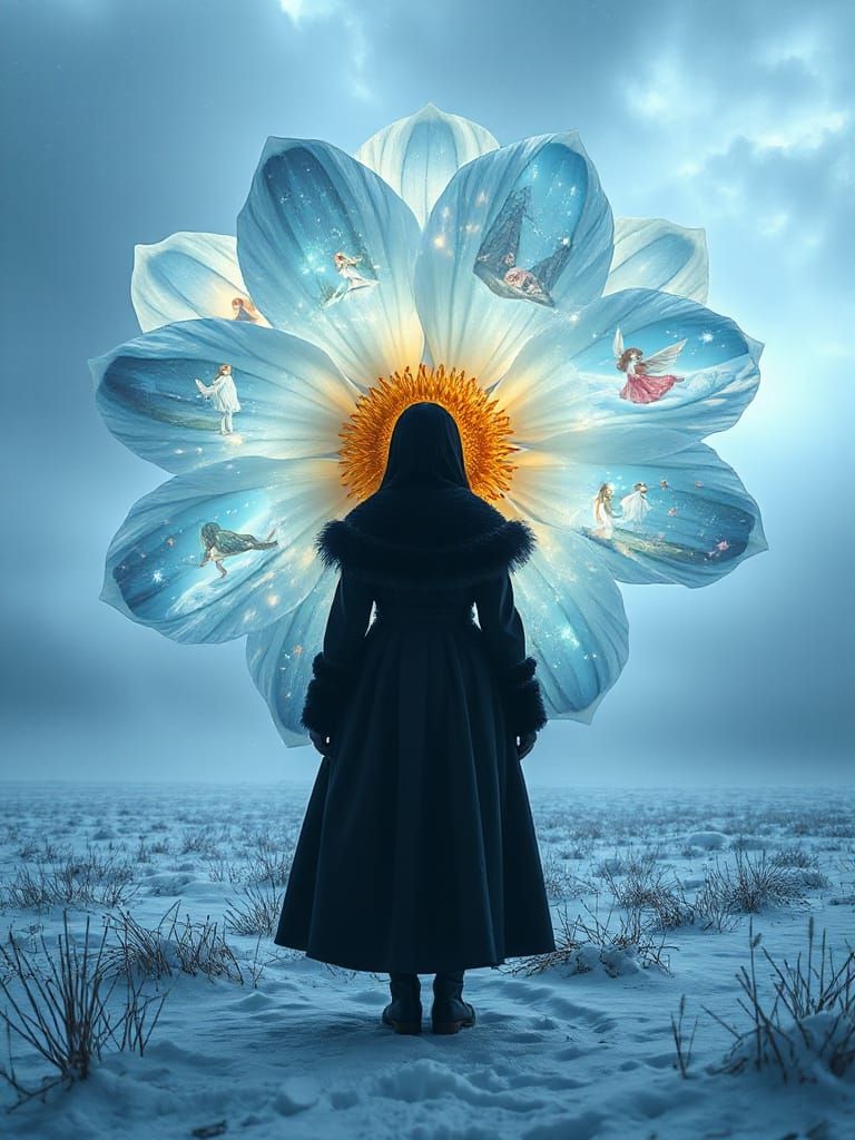 Black Woman Before Giant Fairytale Snowflower
