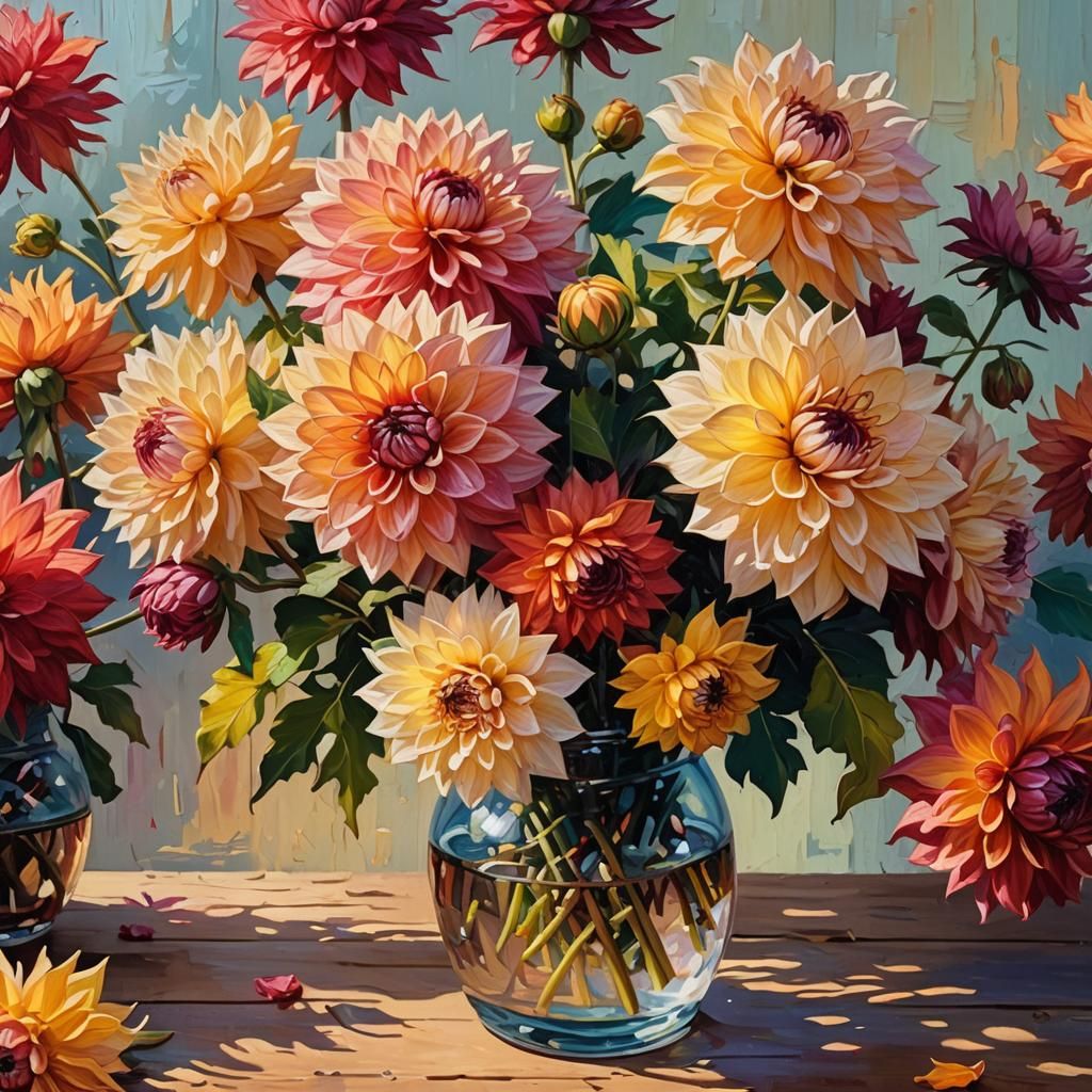Vibrant Still Life Dahlias in Oil on Wood