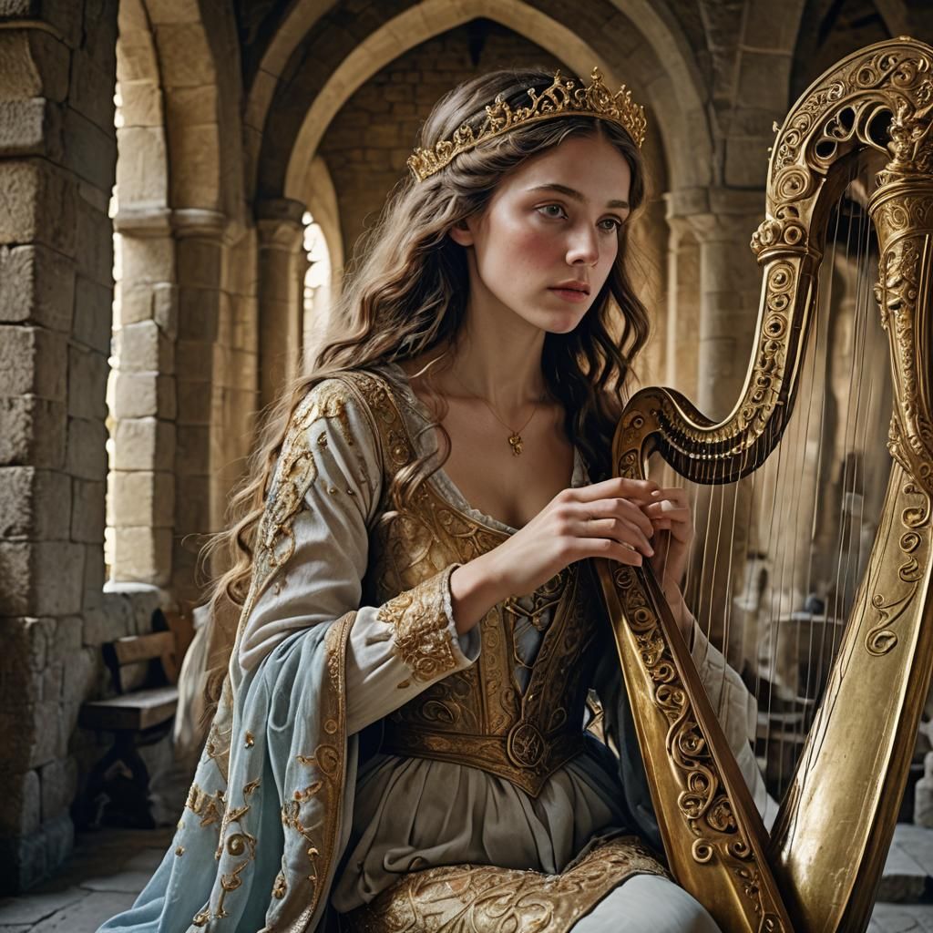 Ethereal Maiden Plays Golden Harp in Castle Hall