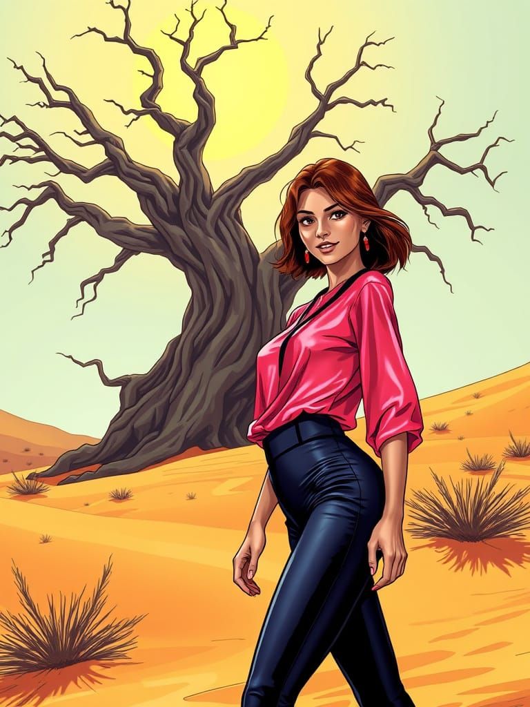 Confident Desert Adventurer in Vibrant Satin