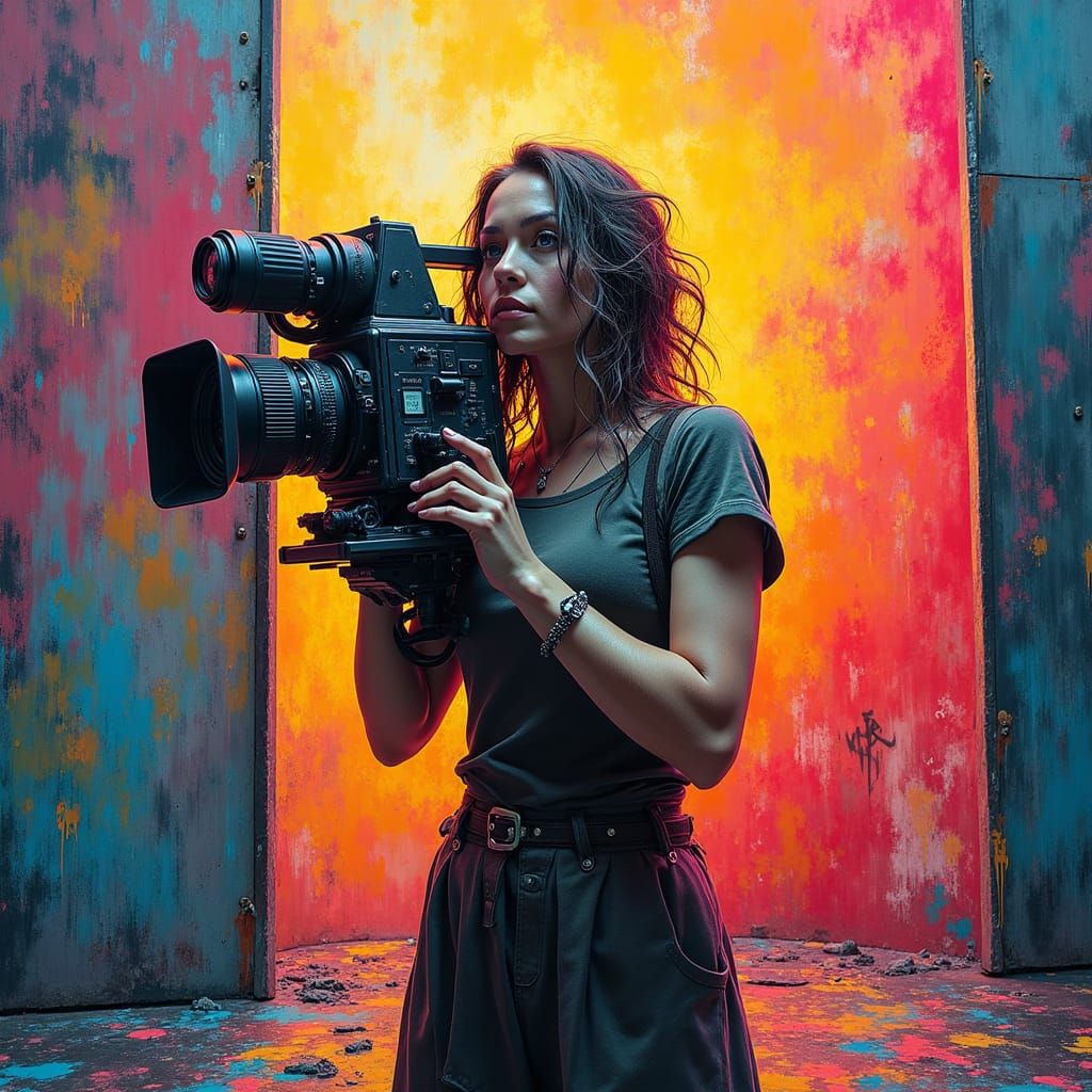 Woman with Film Camera in Street Art Style
