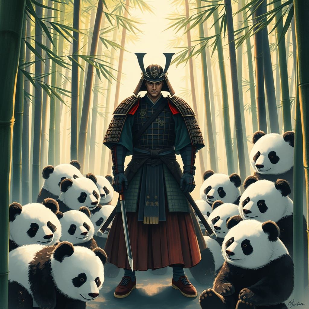 Japanese Samurai Surrounded by Gentle Giant Panda Bears in a...