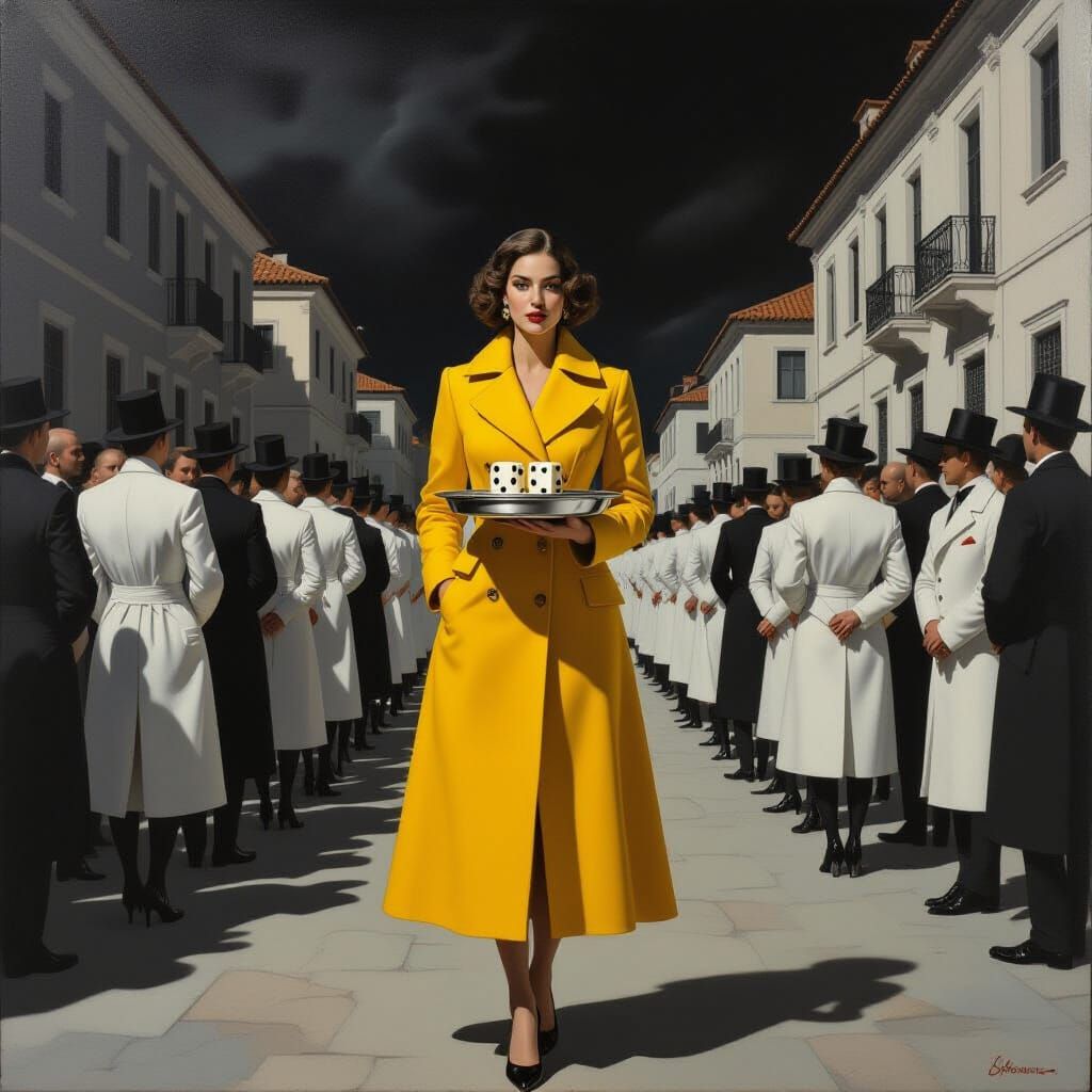 Surreal Baroque Painting of Woman in Yellow Coat