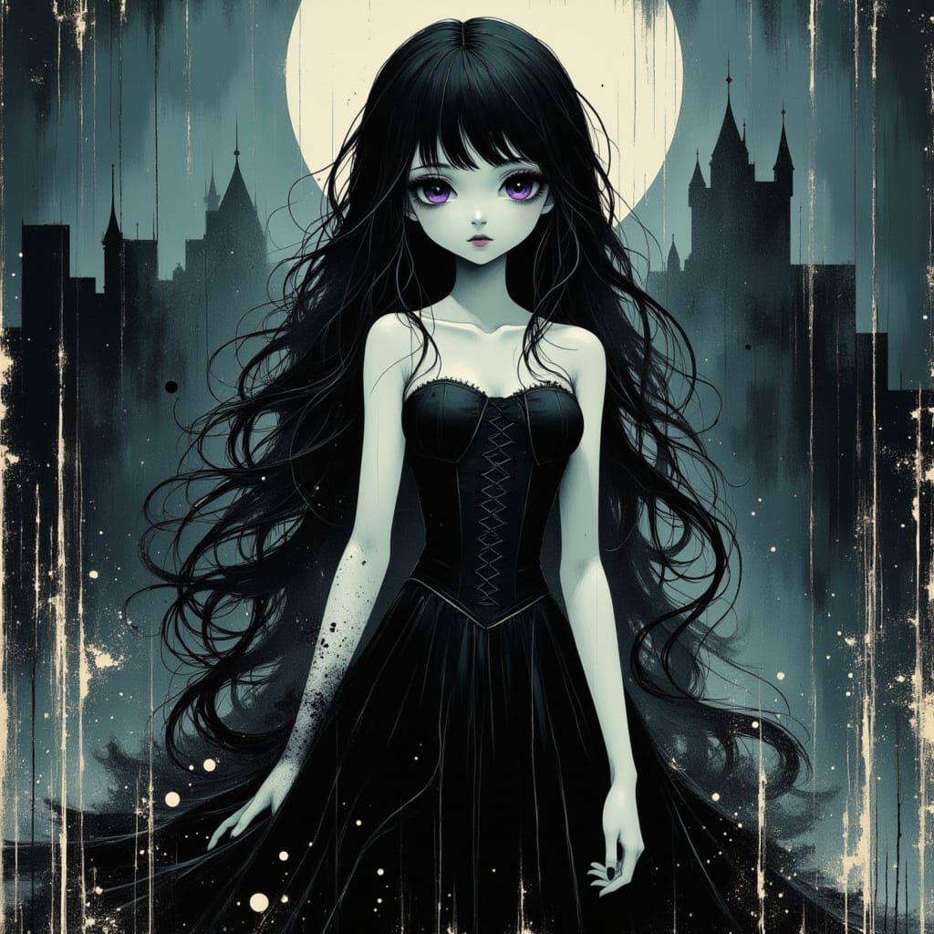 Gothic Anime Woman in Ruined Castle with Full Moon