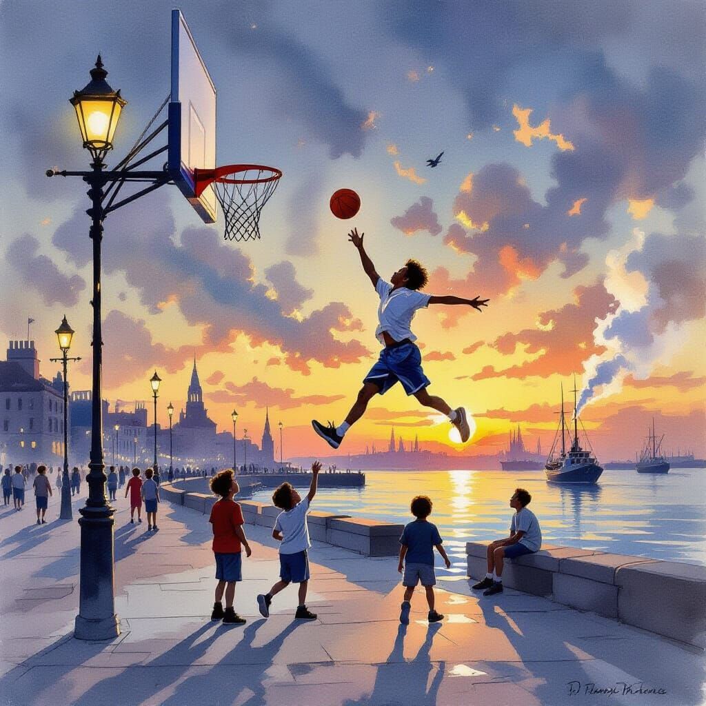 Sunset Slam Dunk in Ethereal Watercolor Style