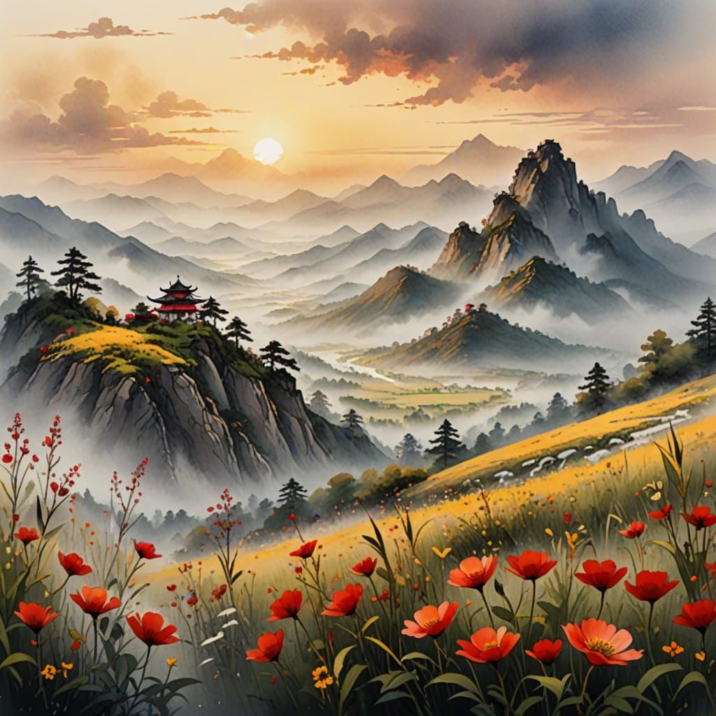 Misty Mountaintop Wildflower Field in Watercolor Style