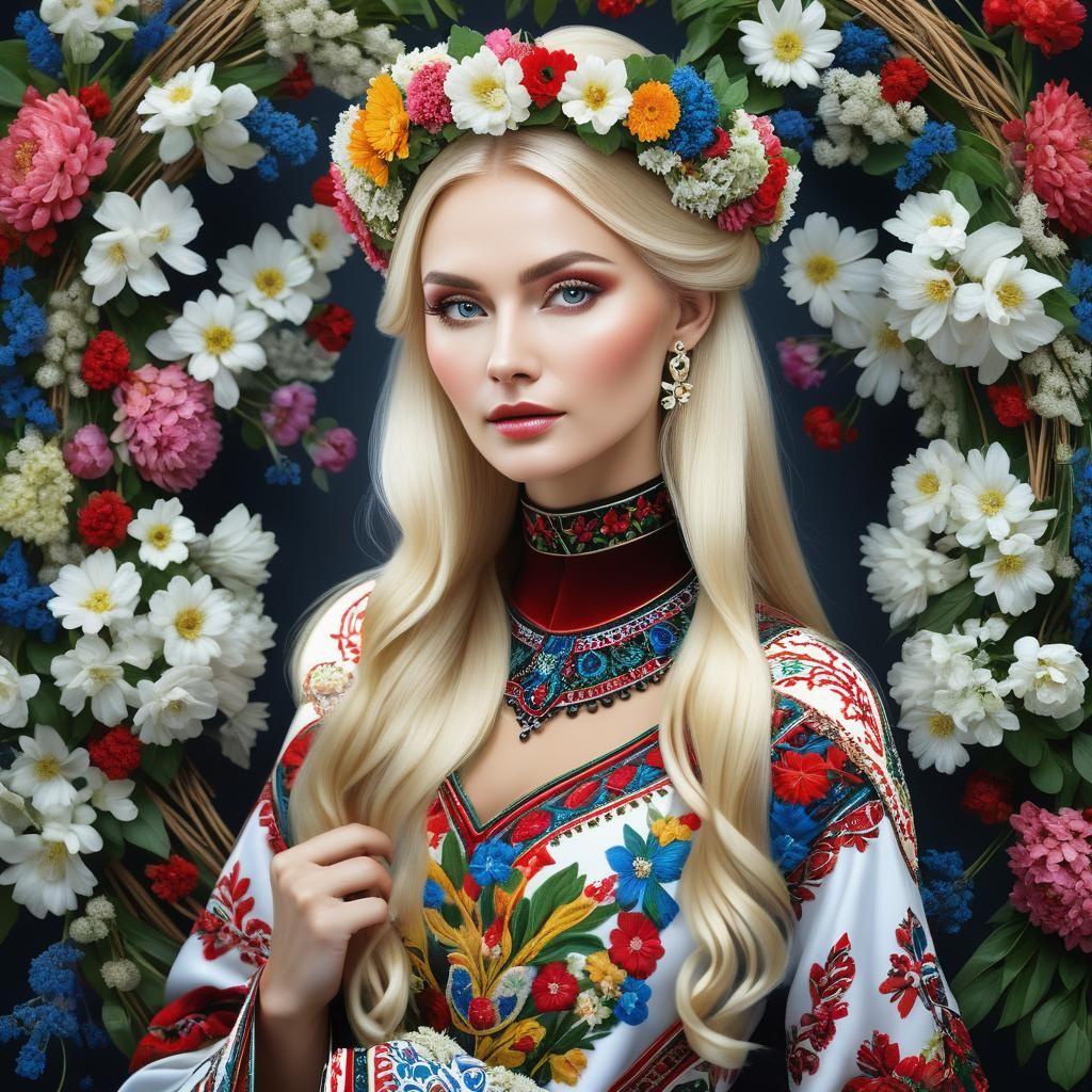 Slavic Beauty with Futuristic Flowers in Photorealistic Port...