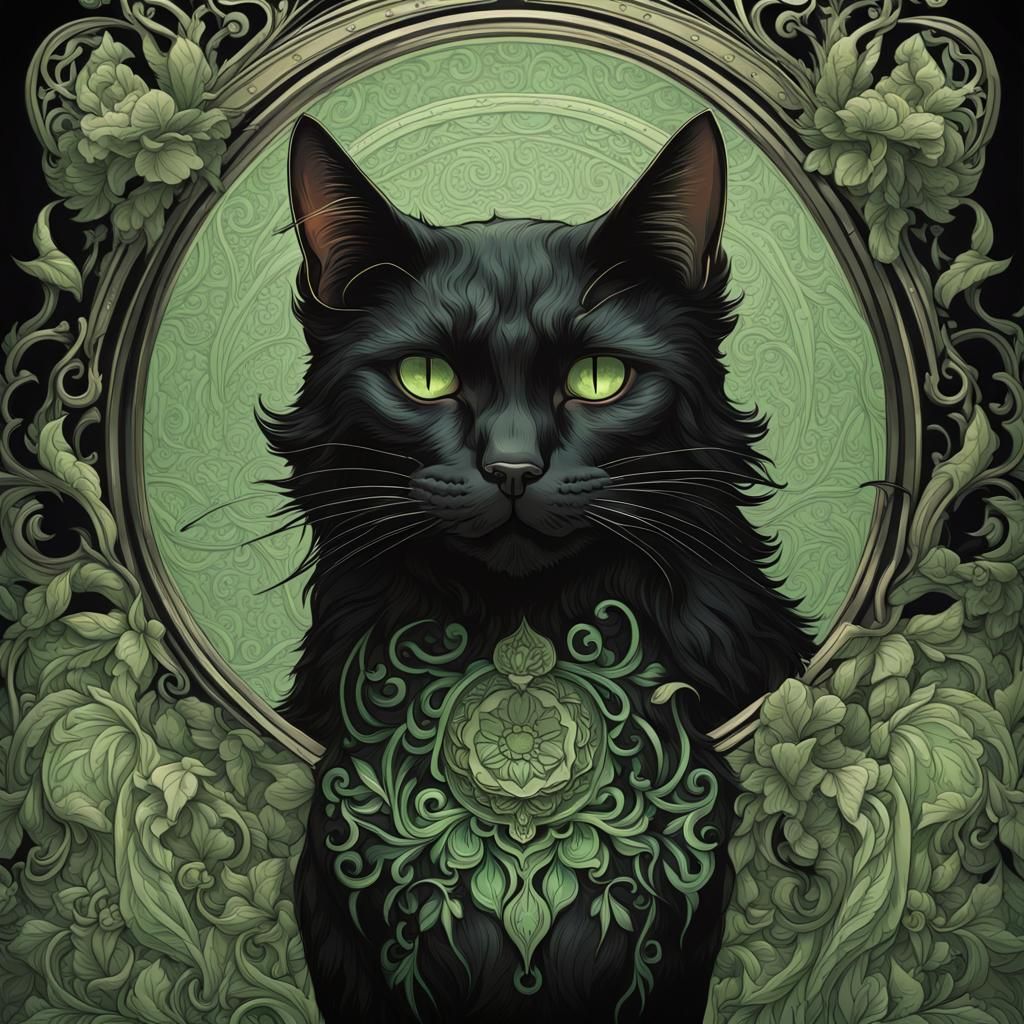 Black Cat with Green Eyes in Art Nouveau Style