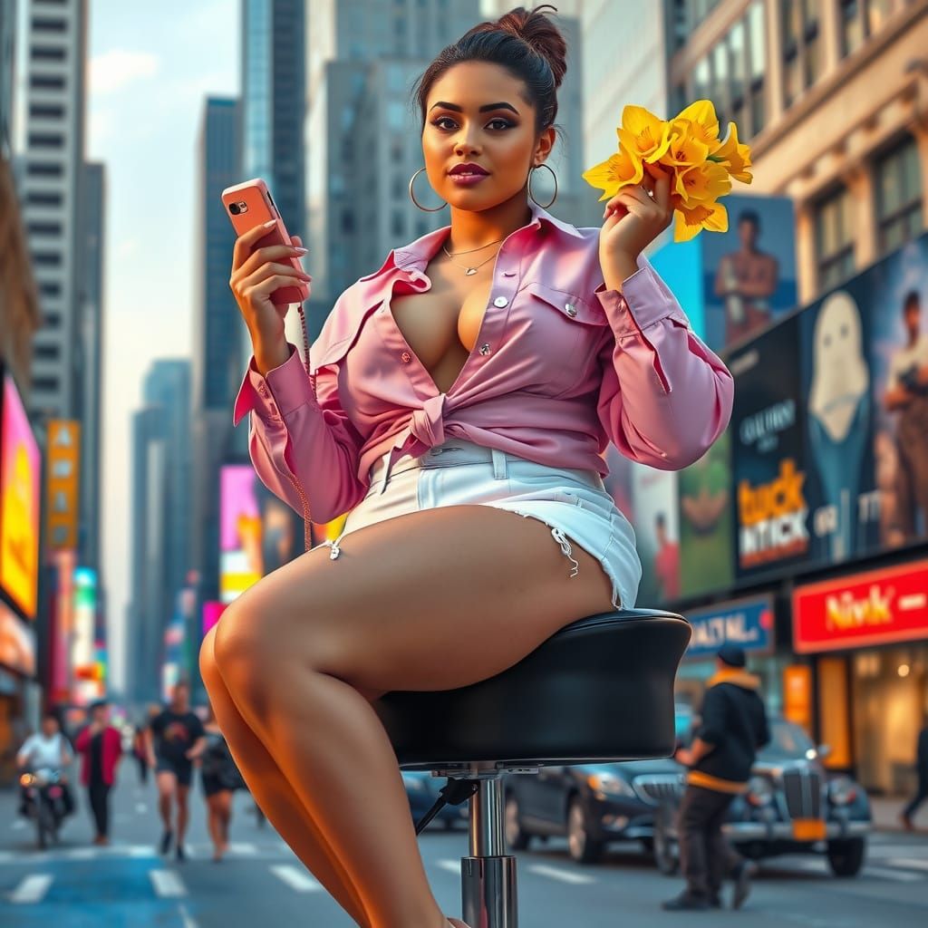 Confident Woman in Futuristic Cityscape