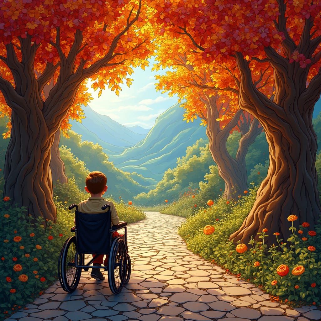 Child's Journey Through Stained-Glass Landscape