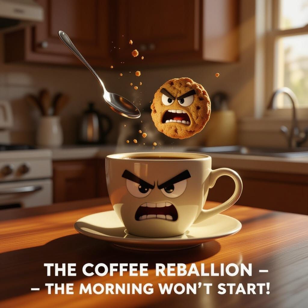 Angry Coffee Cup and Cookie Rebellion on Kitchen Table