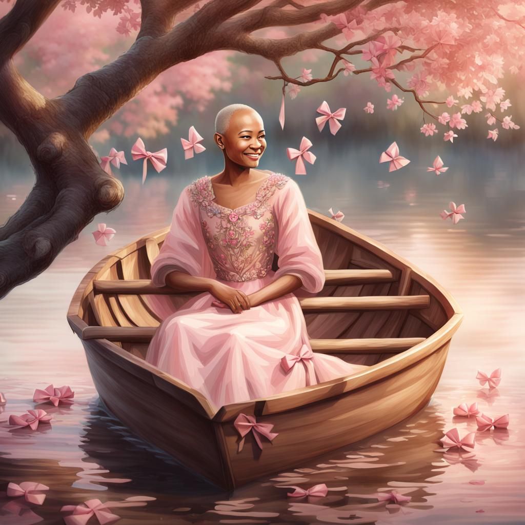 Bald Woman in Boat Adorned with Pink Bows