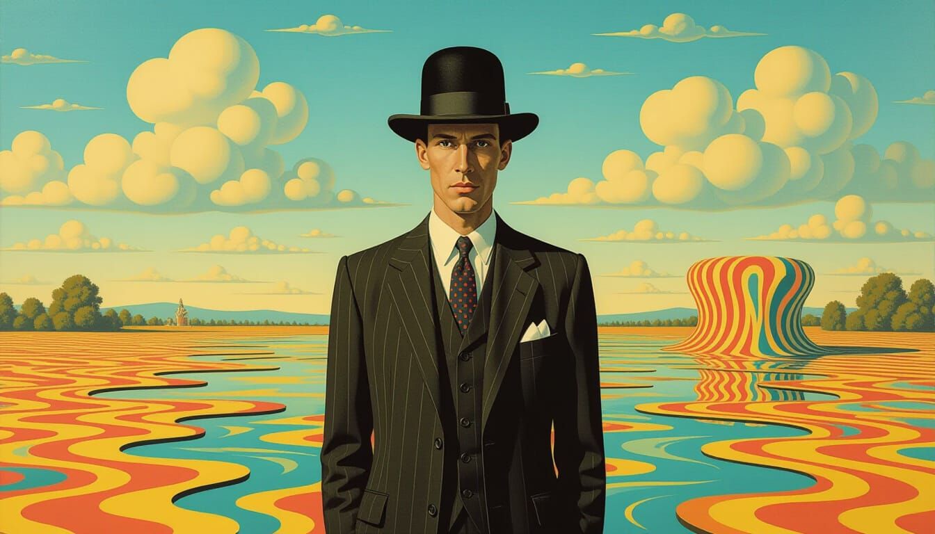 Stromae in Suit and Bowler Hat on Surreal Melting Background