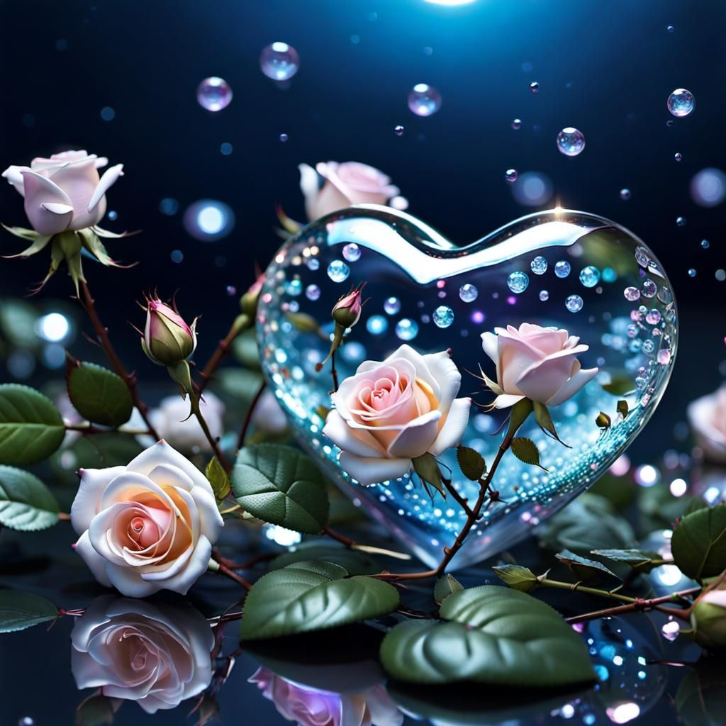 Glass Heart Overflowing with Roses and Moonlight