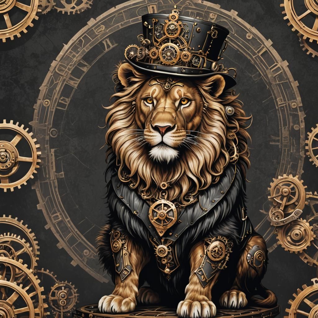 Steampunk male lion wearing a crown, wearing a steampunk top...