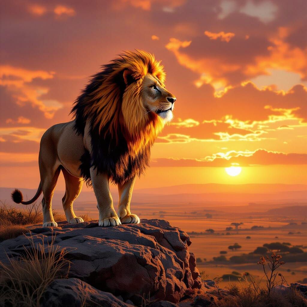 Lion with Fiery Mane Overlooking Savanna in Hyperrealism