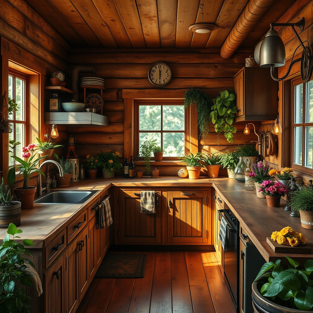 Rustic Cabin Kitchen with Steampunk and Floral Accents