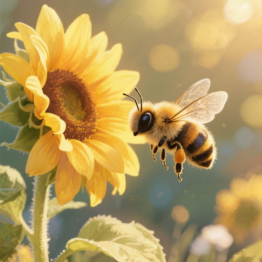 Cute Fluffy Bumblebee Near Sunflower in Storybook Style
