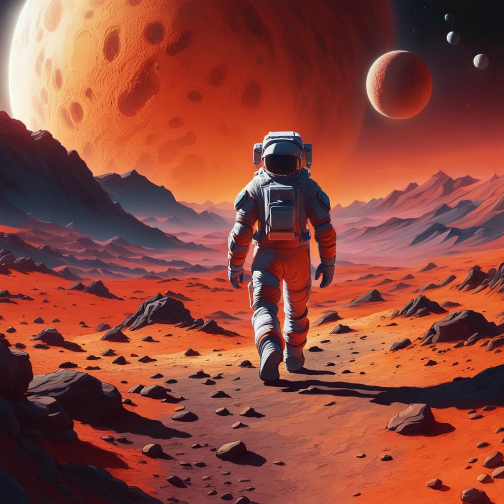 Astronaut Walks on Barren Planet in Digital Painting